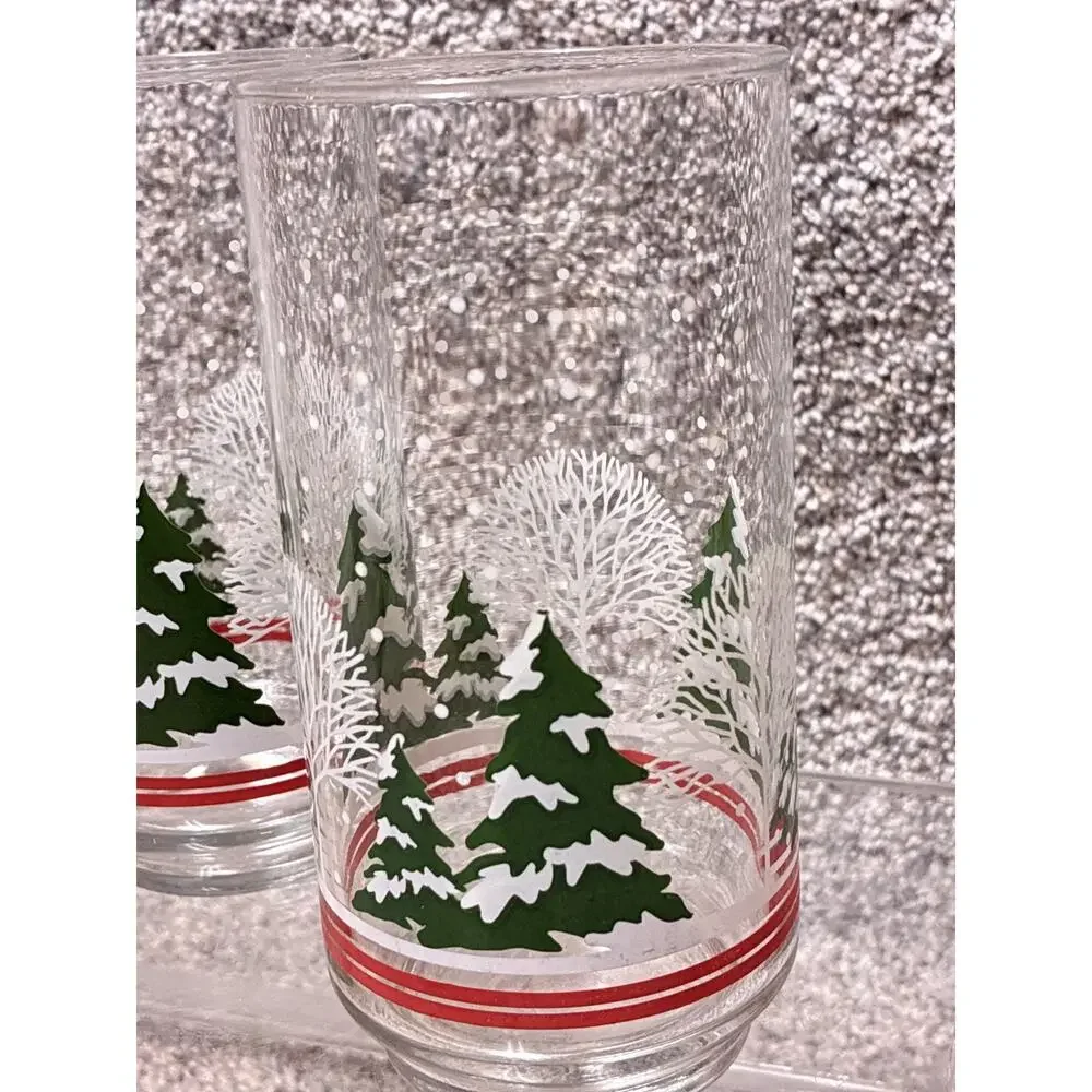 Vintage 6 in Christmas Highball Glasses Set of 3 Snowy Pine Tree Winter Forest